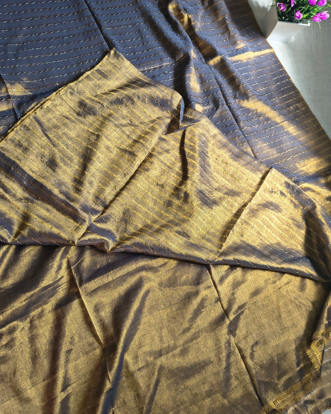 Soft Linen Tissue Saree with Sequins- Golden Brown MammaHug
