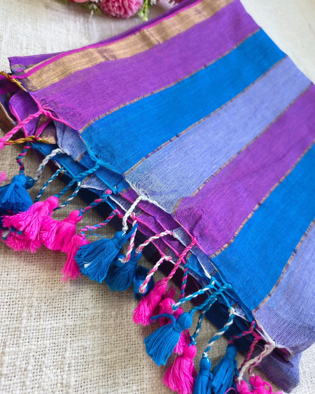 Premium Rainbow Mul Cotton Handloom Saree with Beautiful tassels - Purple