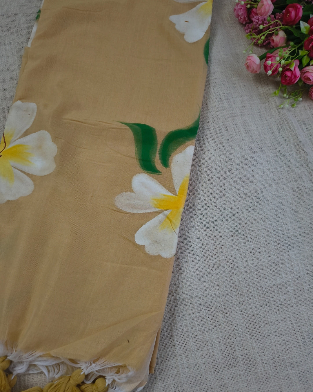 Soft Cotton Handloom Saree with Hand-Painted Floral Design - Sandal