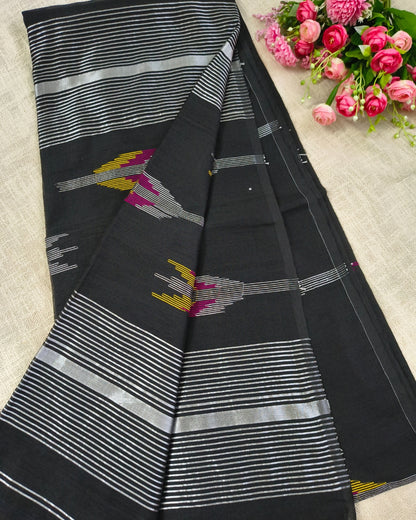 Cotton Silk Handloom Saree Woven with Silver Zari - Black