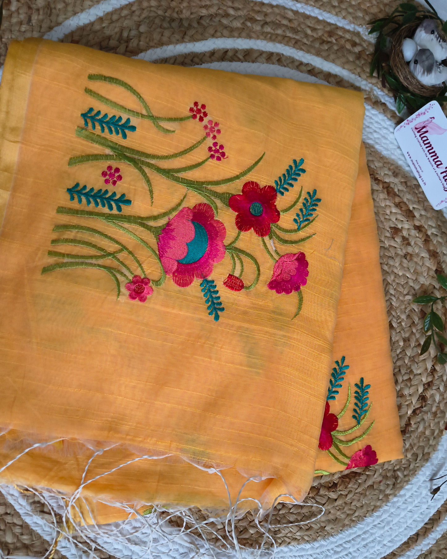 Floral Embroidery Handloom Saree - Slub Cotton (Marigold Mist)