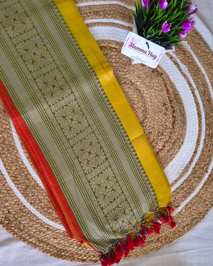 Khadi Tissue Handloom Saree with Thread Woven Border - Golden Mustard with Red