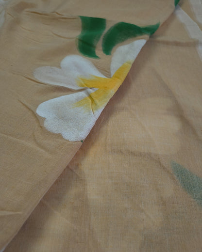 Soft Cotton Handloom Saree with Hand-Painted Floral Design - Sandal