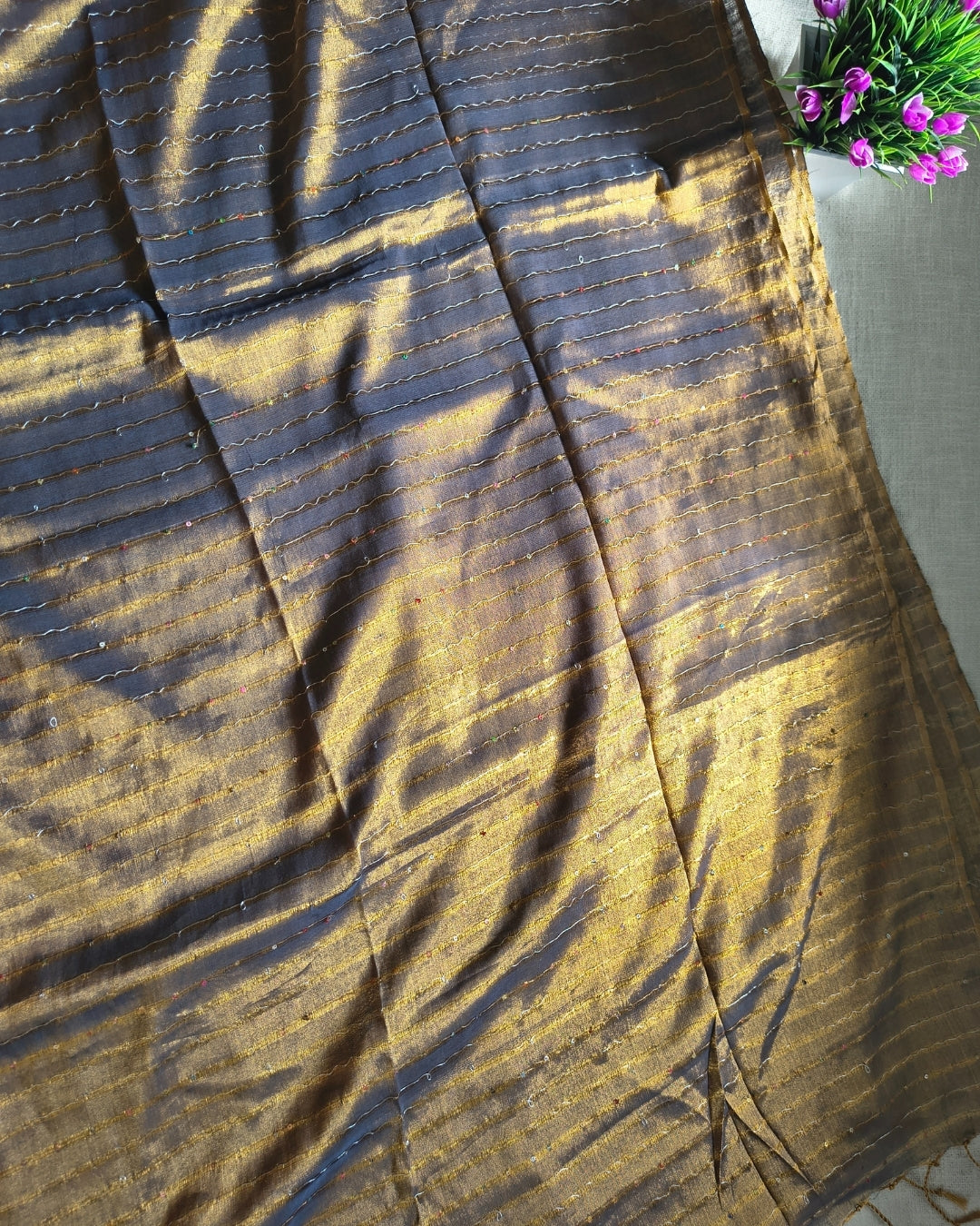 Soft Linen Tissue Saree with Sequins- Golden Brown MammaHug