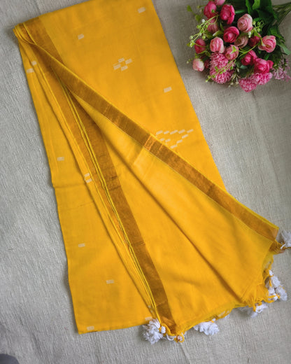 Pure Cottom Handloom Saree - Small Copper Border - Mango Yellow