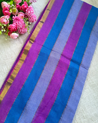 Premium Rainbow Mul Cotton Handloom Saree with Beautiful tassels - Purple