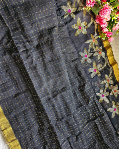 Linen By Linen Handloom Saree Floral Jamdhani Weaving - Black MammaHug
