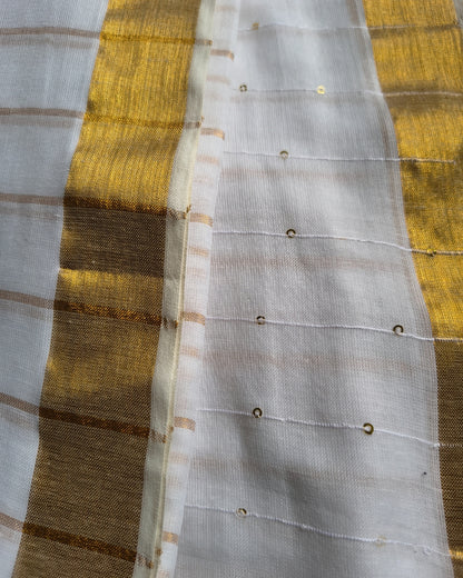 Handloom Mul Cotton Saree with Golden Stripes, Border and Sequence in Pallu - White