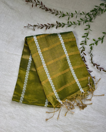 Soft Linen Tissue Saree with Golden Zari weaving - Olive Green