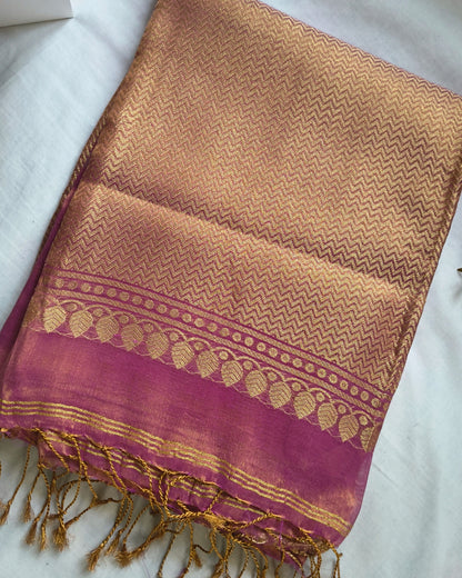 Soft Linen Tissue Saree with Hand Woven Buttas - Onion Pink MammaHug
