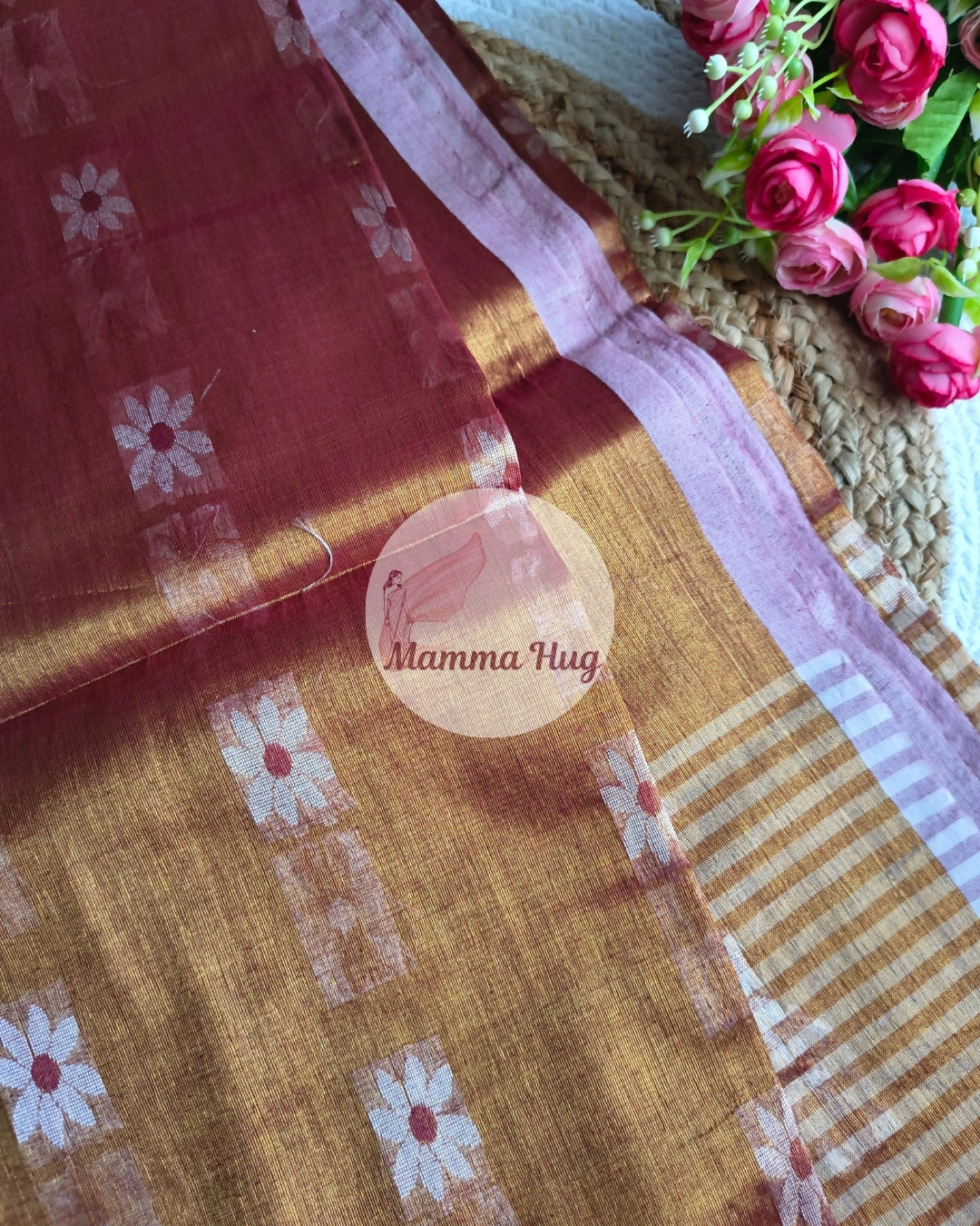 Handloom Cotton Tissue Saree with Machine Embroidery Design - Red