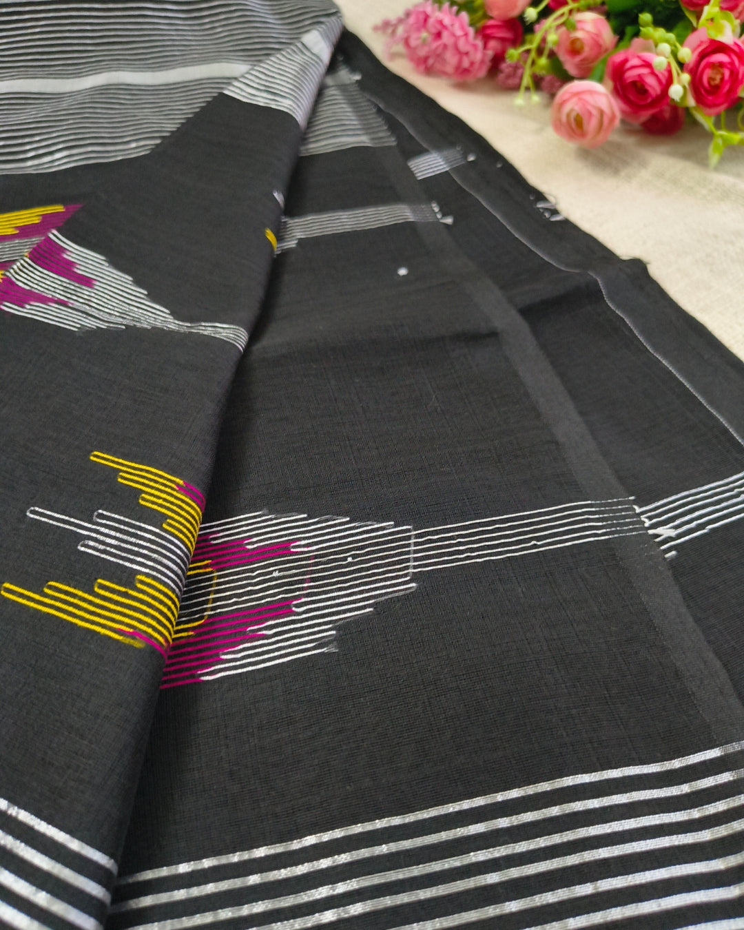 Cotton Silk Handloom Saree Woven with Silver Zari - Black