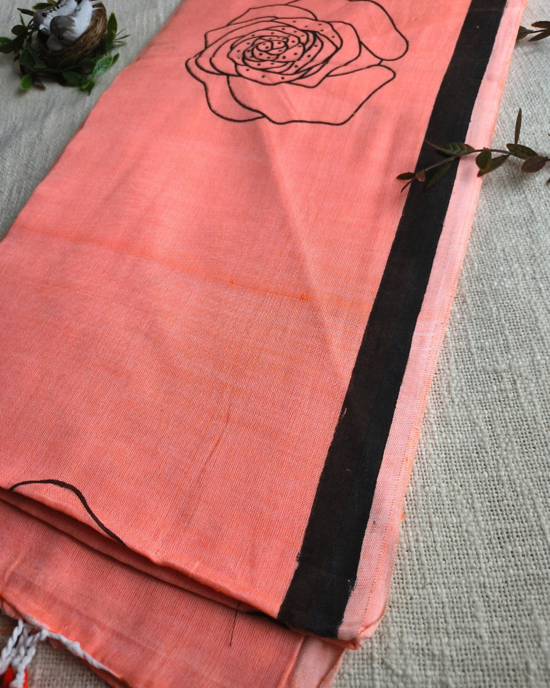 Khadi Cotton Handloom Saree with Printed Floral Design - Light Orange
