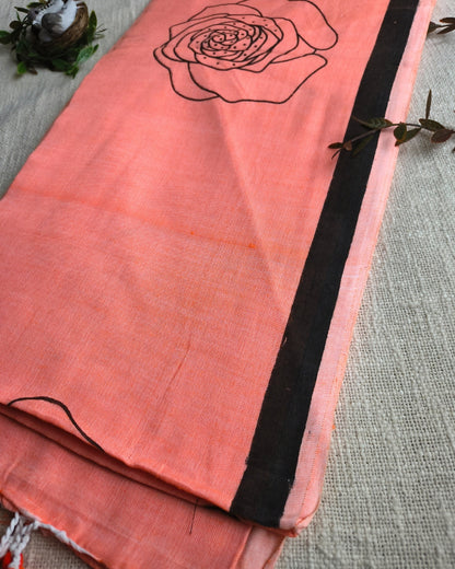 Khadi Cotton Handloom Saree with Printed Floral Design - Light Orange