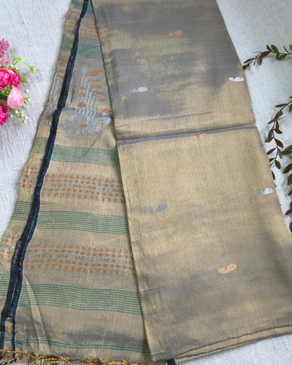 Soft Linen Tissue Saree with Golden Silver Zari weaving - Copper Golden