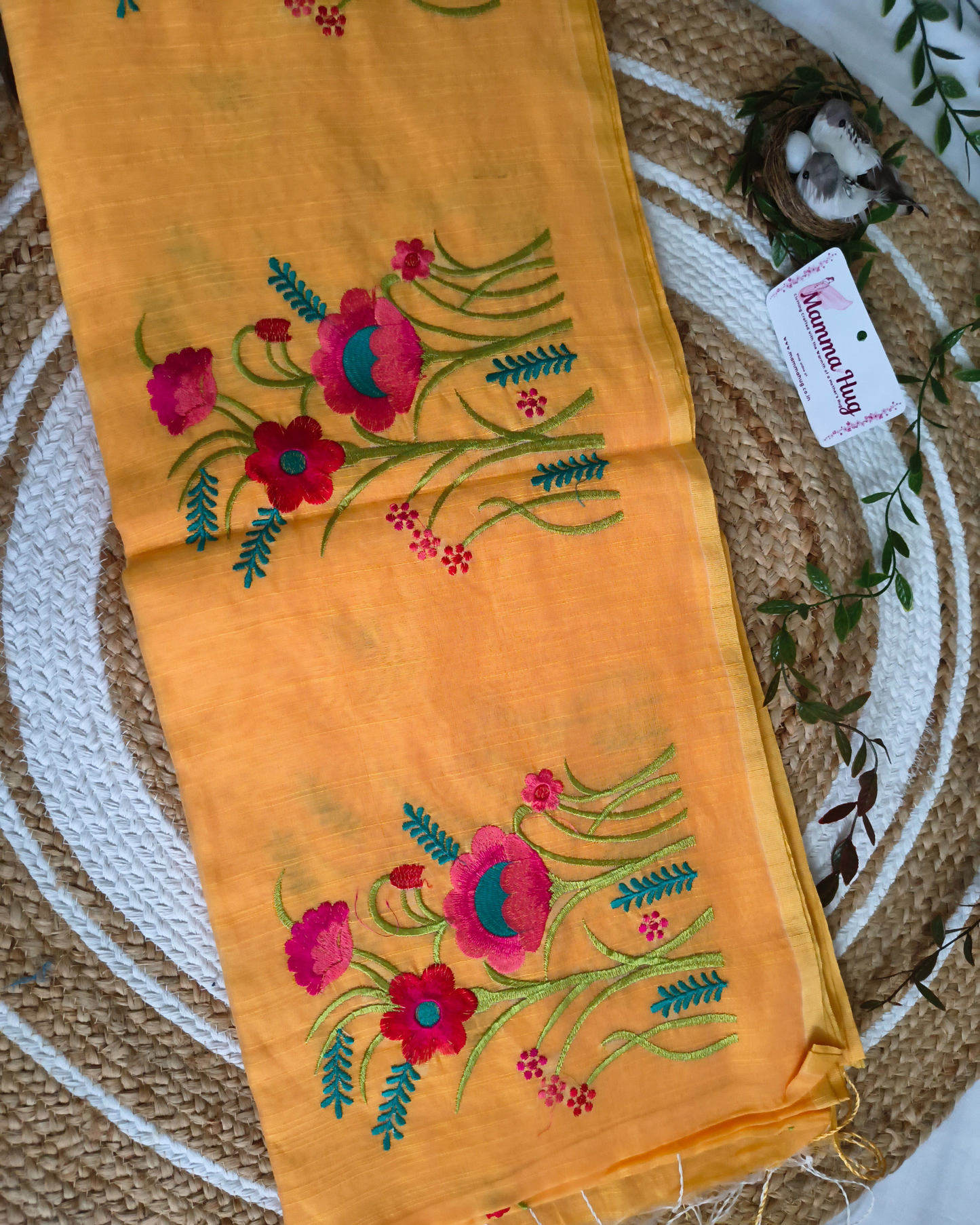 Floral Embroidery Handloom Saree - Slub Cotton (Marigold Mist)
