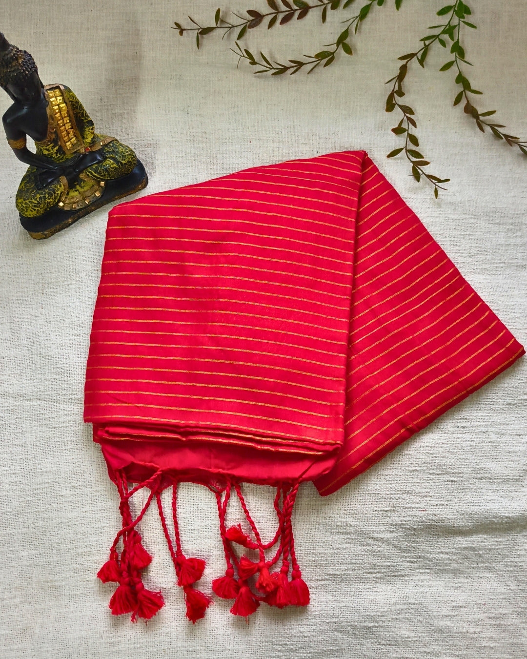 Khadi Cotton Handloom Saree with Zari Stripes - Red