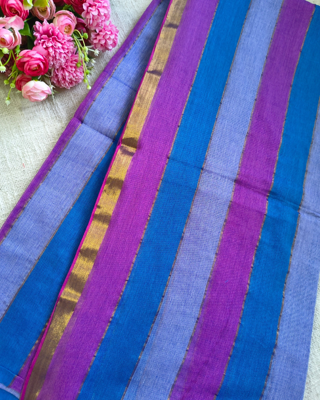 Premium Rainbow Mul Cotton Handloom Saree with Beautiful tassels - Purple