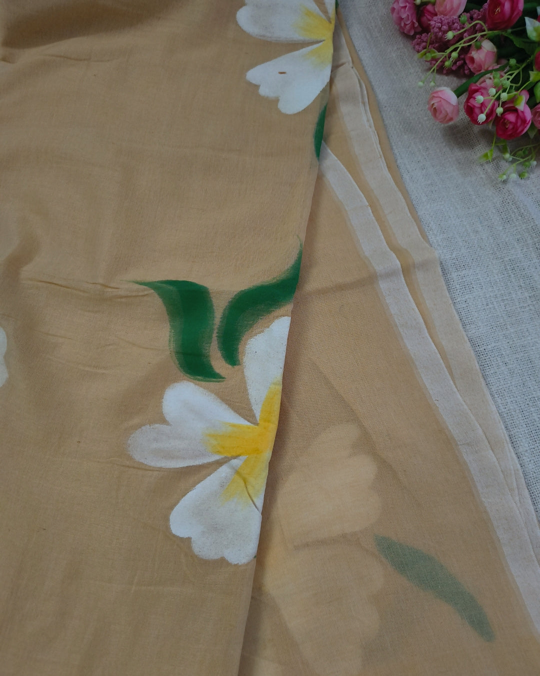 Soft Cotton Handloom Saree with Hand-Painted Floral Design - Sandal