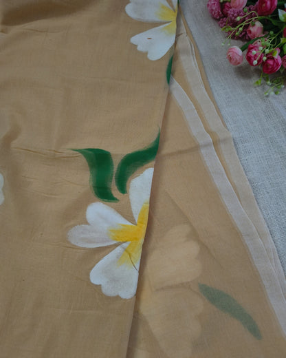 Soft Cotton Handloom Saree with Hand-Painted Floral Design - Sandal
