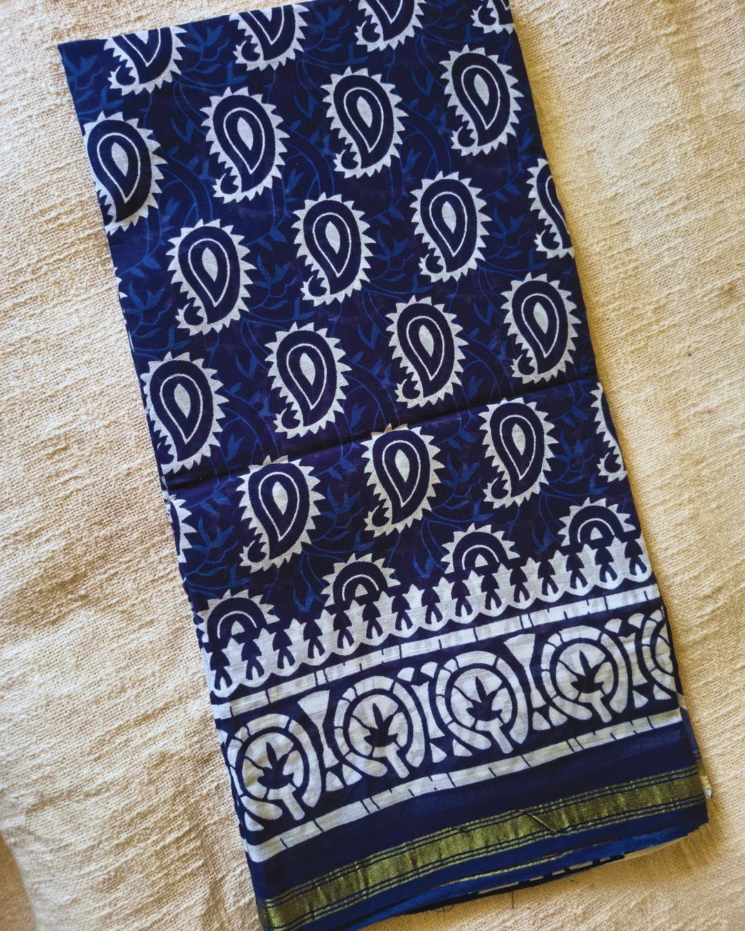 Ajrakh Block Print 120s Mul Cotton Saree - Indigo MammaHug
