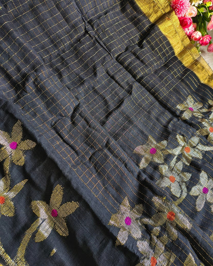 Linen By Linen Handloom Saree Floral Jamdhani Weaving - Black MammaHug