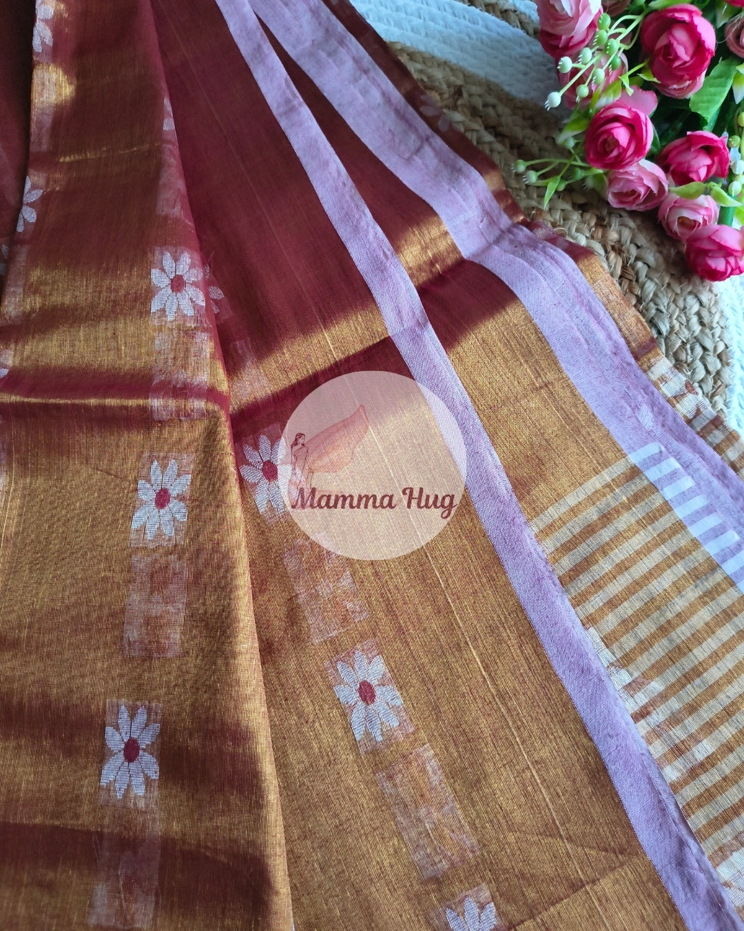 Handloom Cotton Tissue Saree with Machine Embroidery Design - Red