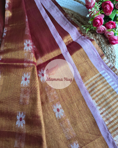 Handloom Cotton Tissue Saree with Machine Embroidery Design - Red