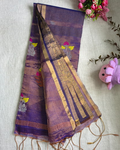 Handloom Tissue Linen with Jamdhani Weaving Buttas - Purple