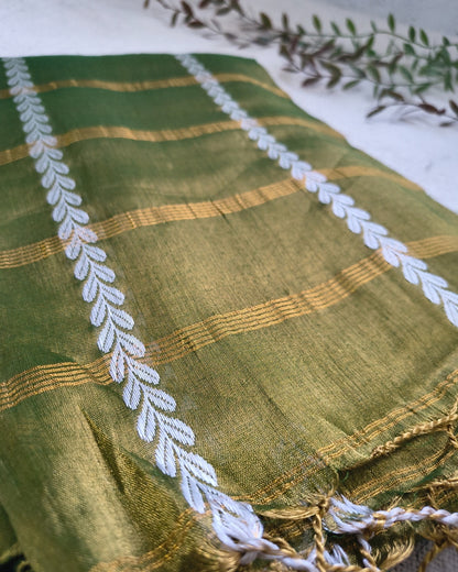 Soft Linen Tissue Saree with Golden Zari weaving - Olive Green