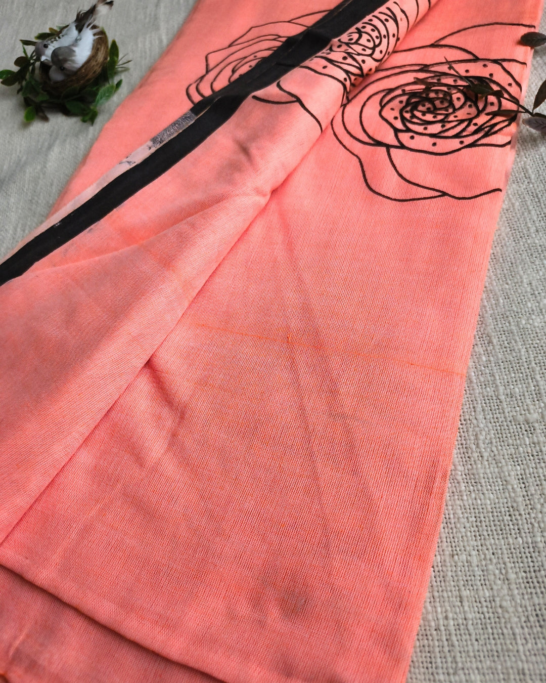 Khadi Cotton Handloom Saree with Printed Floral Design - Light Orange