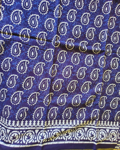 Ajrakh Block Print 120s Mul Cotton Saree - Indigo MammaHug