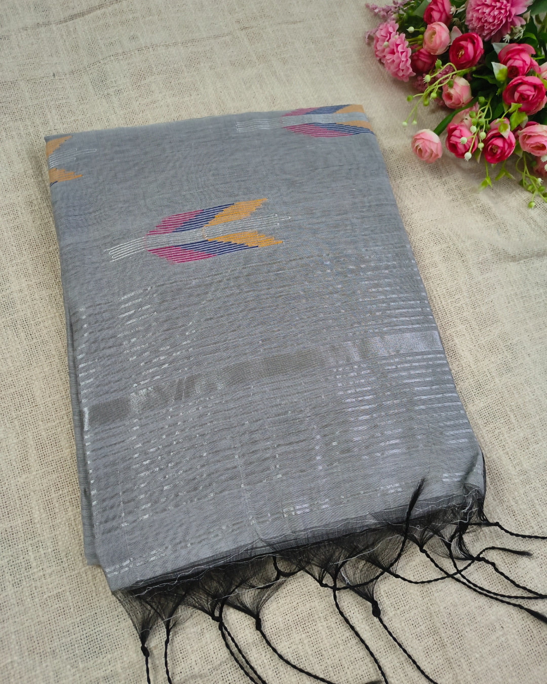 Cotton Silk Handloom Saree Woven with Silver Zari - Grey