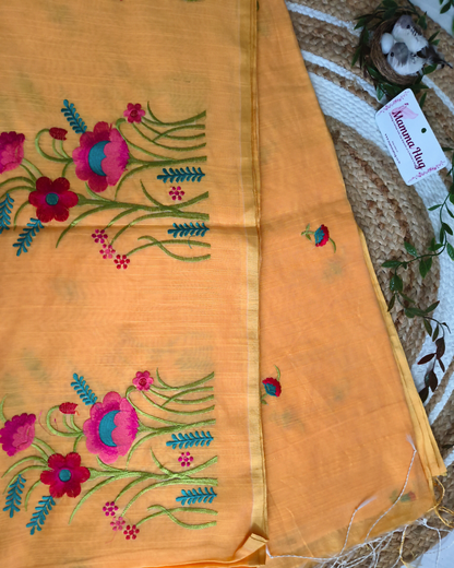 Floral Embroidery Handloom Saree - Slub Cotton (Marigold Mist)