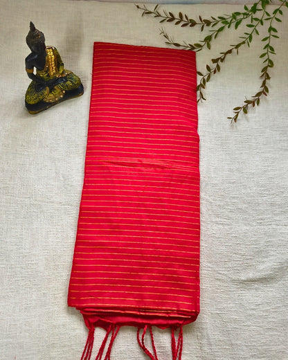 Khadi Cotton Handloom Saree with Zari Stripes - Red