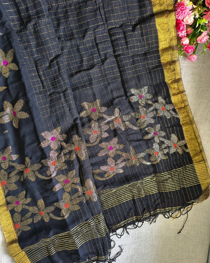 Linen By Linen Handloom Saree Floral Jamdhani Weaving - Black MammaHug