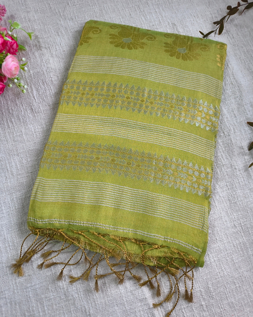 Soft Linen Tissue Saree with Golden Silver Zari weaving - Light Green
