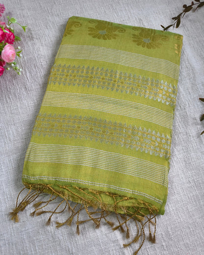 Soft Linen Tissue Saree with Golden Silver Zari weaving - Light Green