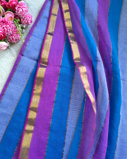 Premium Rainbow Mul Cotton Handloom Saree with Beautiful tassels - Purple