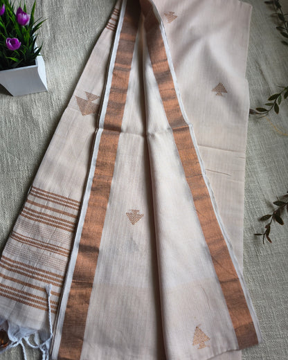 Pure Cottom Handloom Saree with Copper Zari weaving - Off White