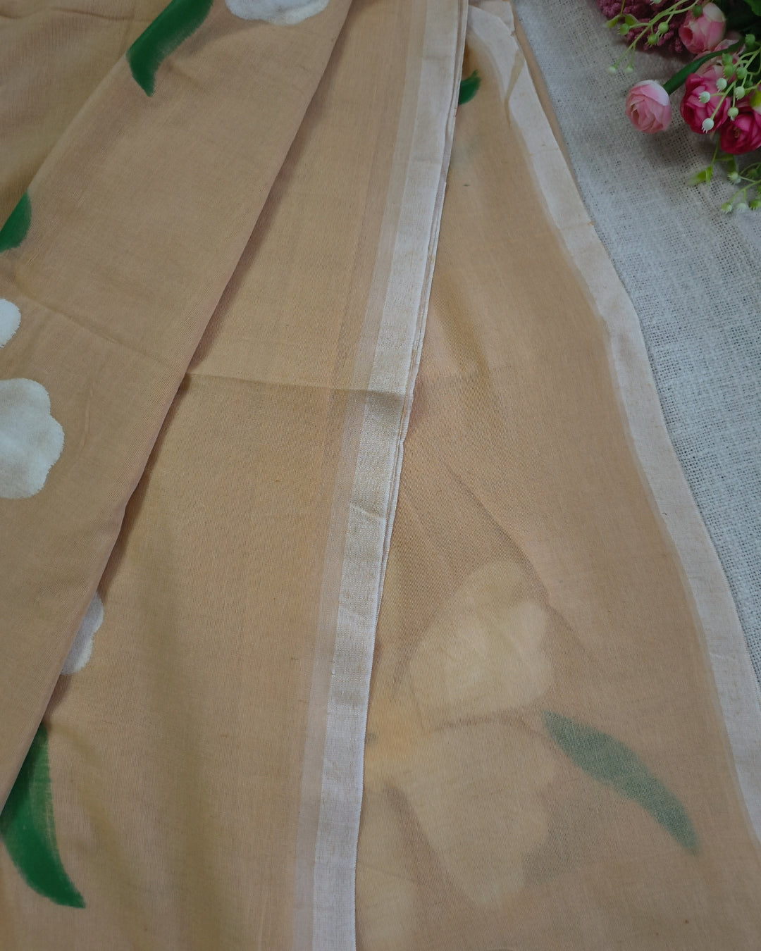 Soft Cotton Handloom Saree with Hand-Painted Floral Design - Sandal