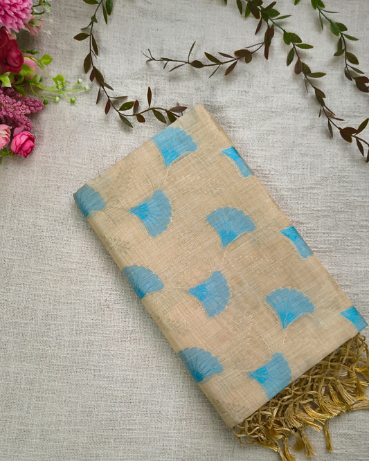 Semi Silk Saree with floral deisgn - Beige & Blue