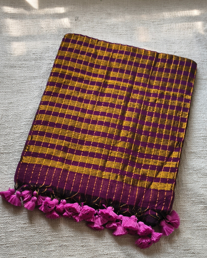Mul Cotton Zari Checks Handloom Saree - Dark Purple MammaHug