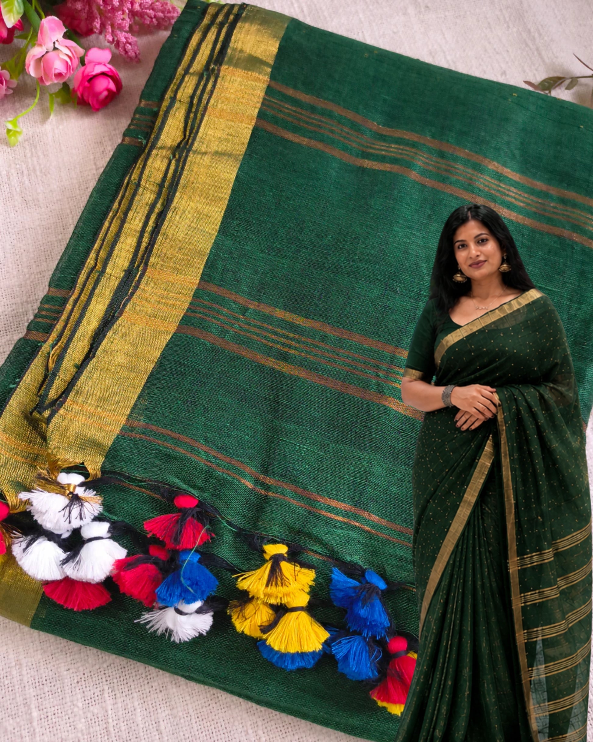 120s Linen by Linen Saree with Hand Woven Sequins - Bottle Green MammaHug