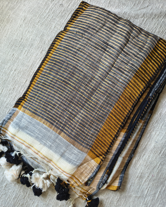 Pure Linen Cotton Handloom Saree Multicolor Checks - Black & White