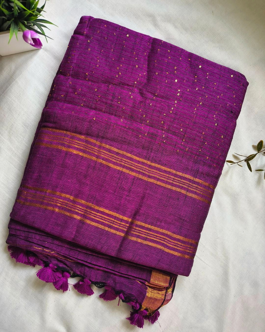 120s Linen by Linen Saree with Hand Woven Sequins - Purple MammaHug