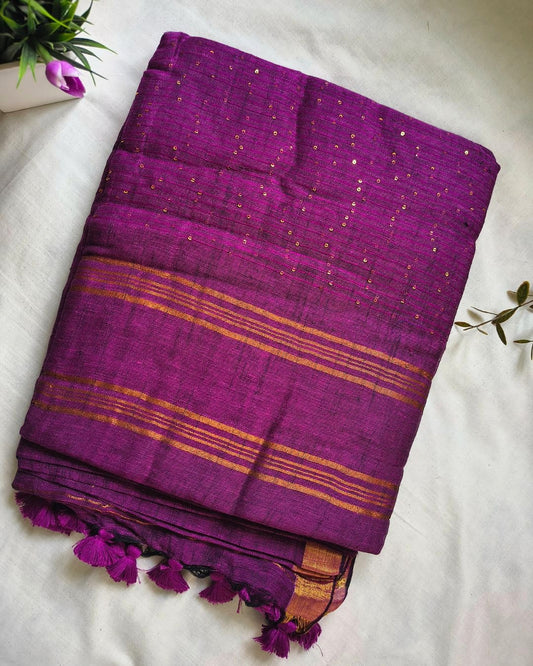 120s Linen by Linen Saree with Hand Woven Sequins - Purple MammaHug