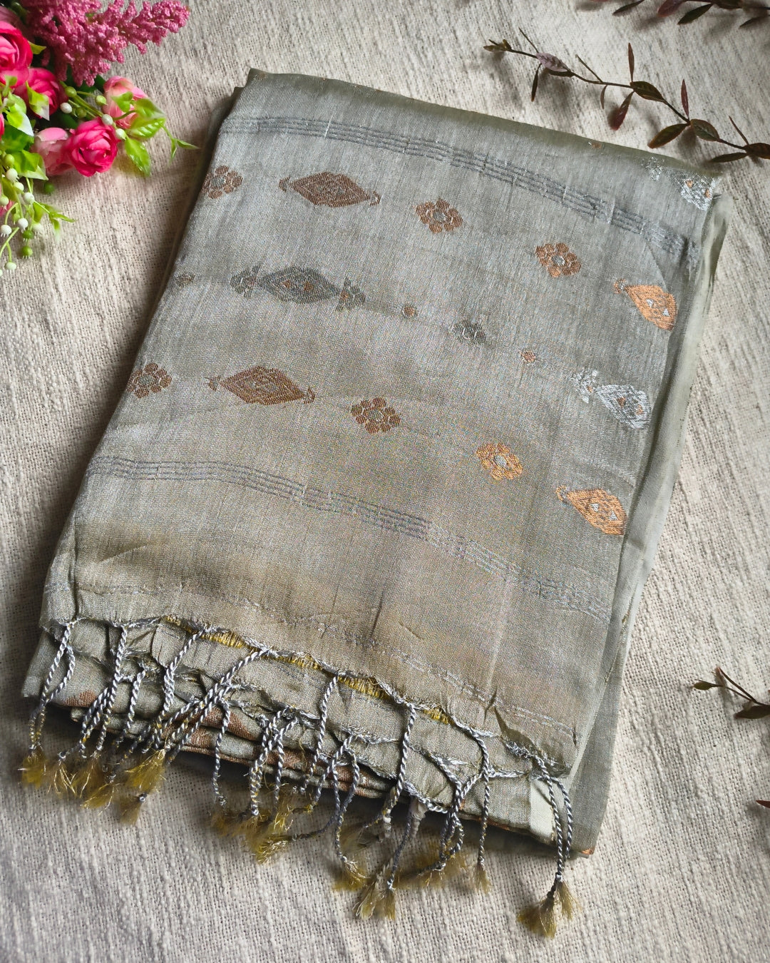 Soft Linen Tissue Saree with Golden Silver Zari weaving - Silver