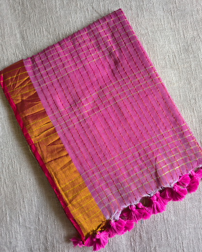 Mul Cotton Zari Checks Handloom Saree with contrast border - Pink MammaHug