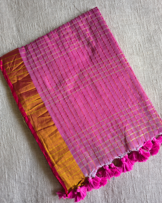 Mul Cotton Zari Checks Handloom Saree with contrast border - Pink MammaHug